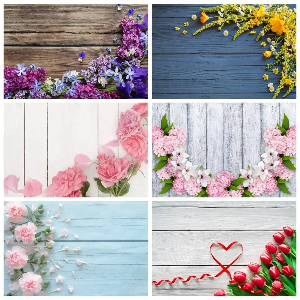 MOON.QG Floral Wood Food Product Photography Backdrop for Photoshoot Wooden Board Subject Photo Background Flower Wall Photozone