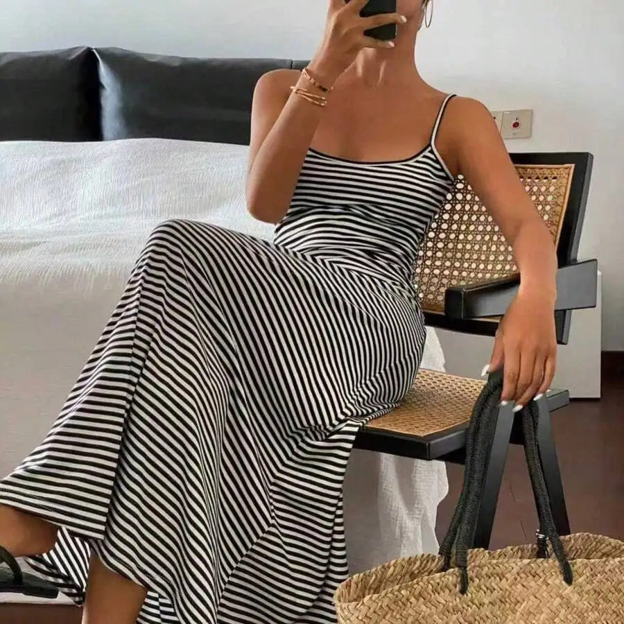 

Striped Sleeveless Spaghetti Strap Maxi Dress For Women Casual Summer Lounge Wear
