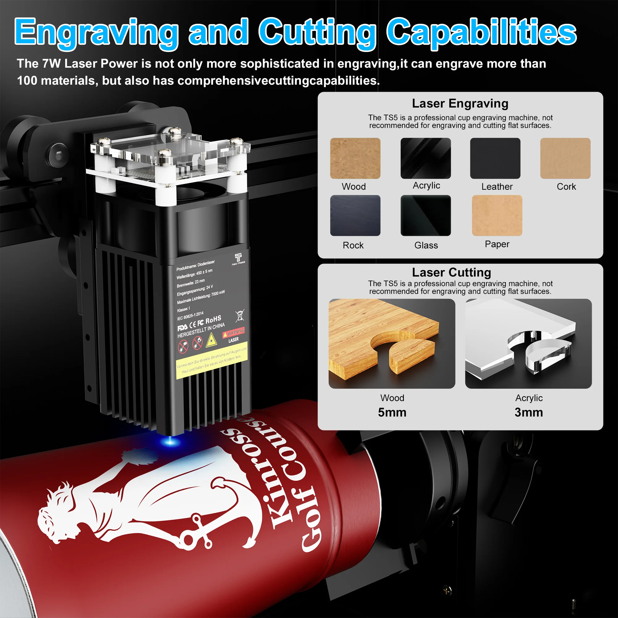 Twotrees TS5-7W laser engraving machine, with rotating drum, CNC engraving machine, metal cutting, wood cutting