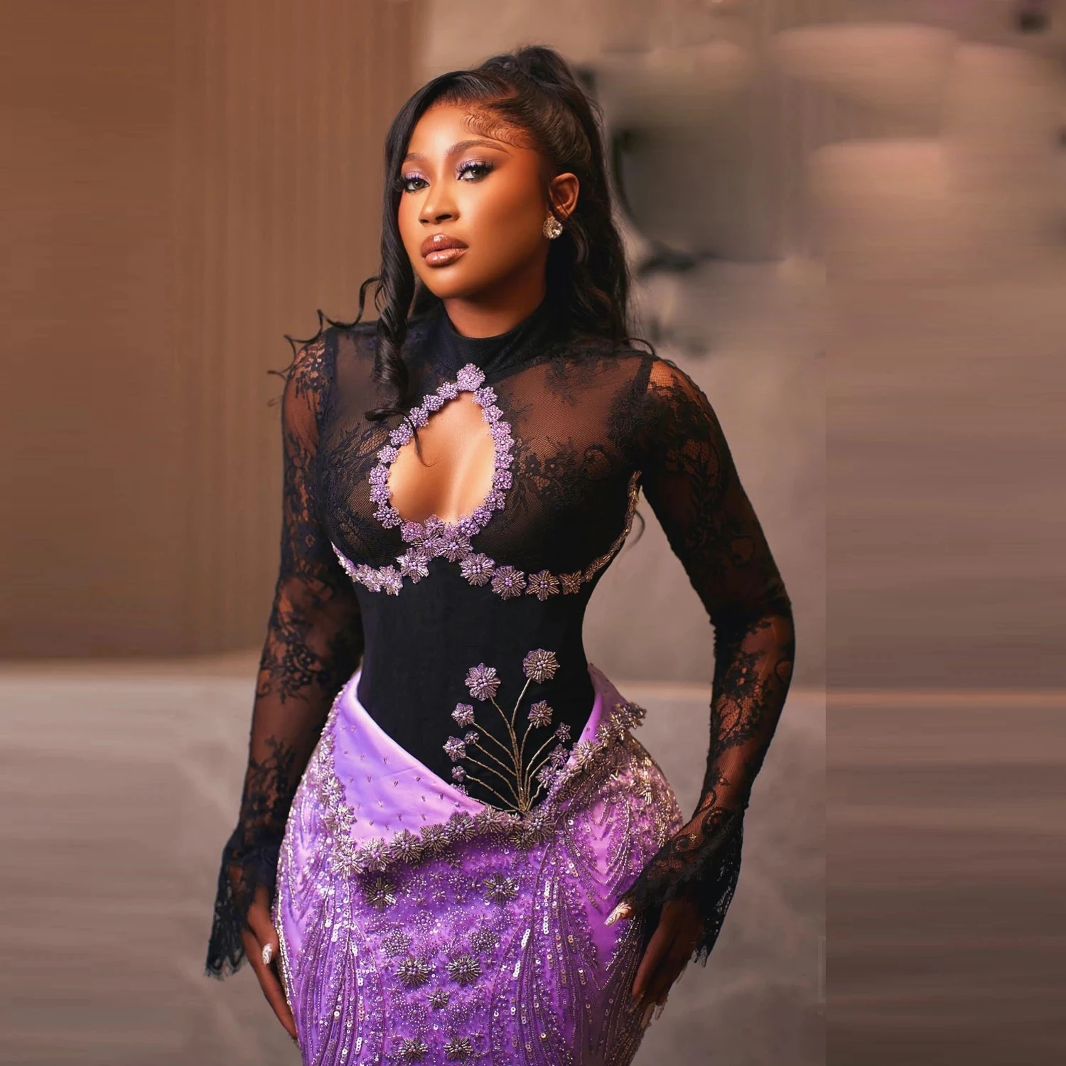 패셔너블한 꽃무늬 비즈 장식 이브닝 드레스 긴 소매 섹시한 머메이드 이브닝 드레스 레이스 포멀 가운