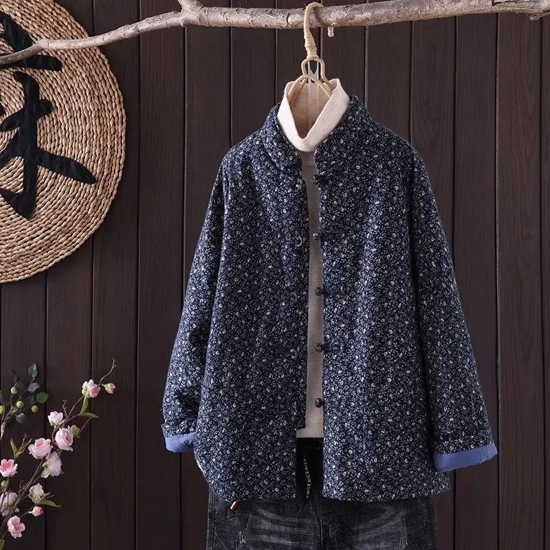 

Chinese Style Flower Quilted Jacket for Women Short Autumn Thickened Single Breasted Tang Clothes Retro Cotton Coat JJ843