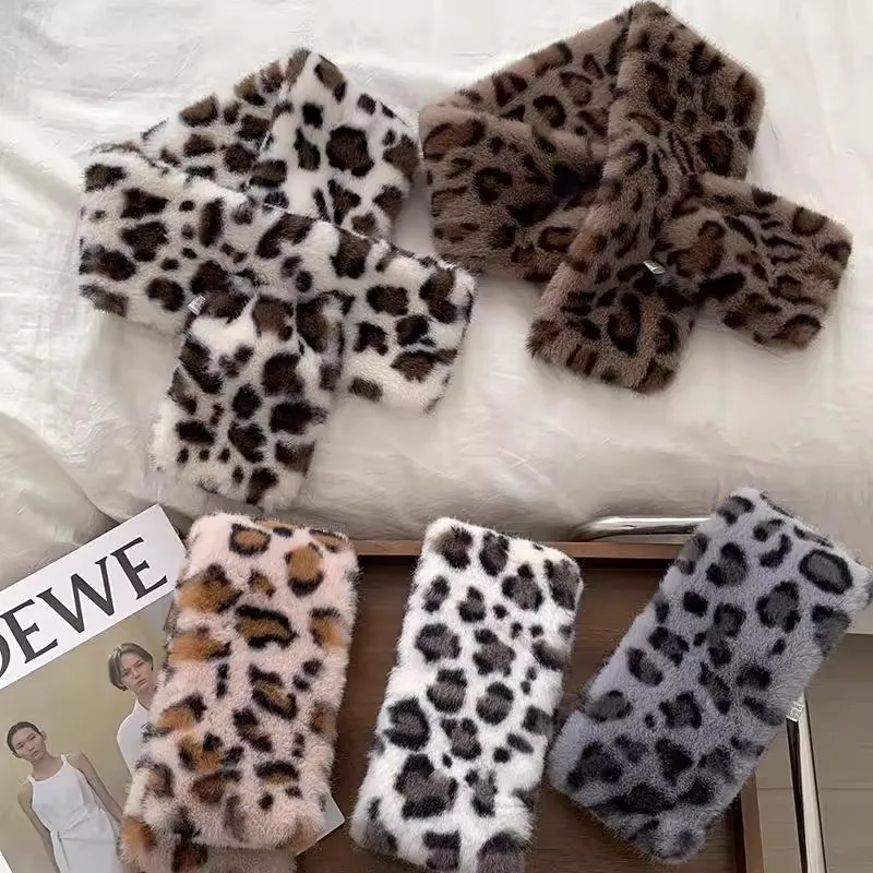 

Шарф с воротником из искусственного кроличьего меха, женский сохраняющий тепло, зимний шарф с леопардовым принтом, осень-зима, плюшевые элегантные шарфы из искусственного меха