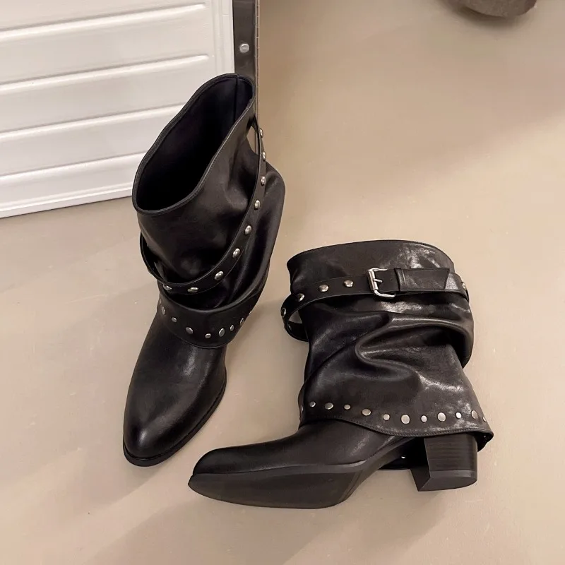 Rivet Buckle Women Mid Calf Boots Round Toe Pants Tube Leather Boots Autumn Winter Vintage Ladies Slip On Western Cowboy Boots
