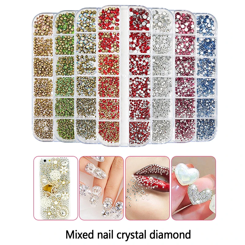 12 dimensioni della miscela di griglia cristallo di vetro Non Hot Fix strass Flatback Crystal 3D Glitter Nail Art strass decorazioni