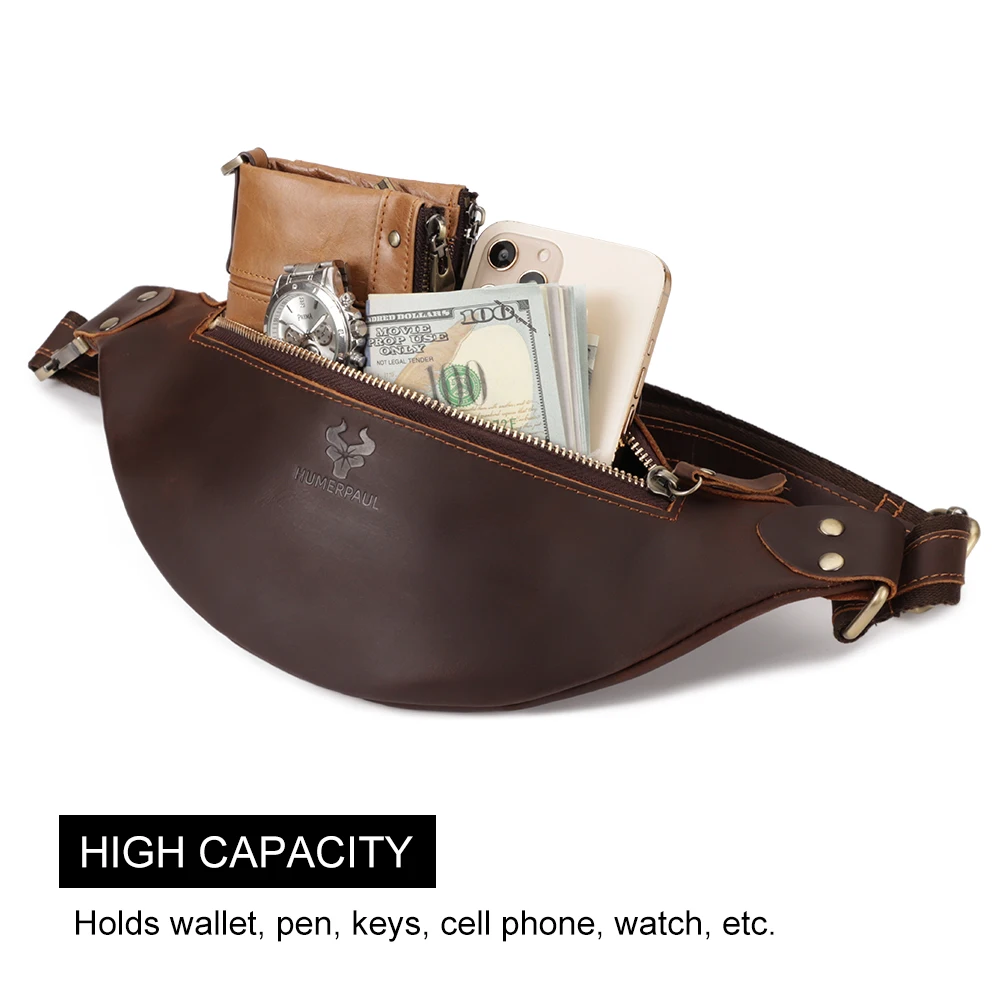 HUMERPAUL Genuine Leather Men's Chest Bag Buckle Fanny Waist Pack Multifunctional High Quality Male Phone Pocket Shoulder Bag