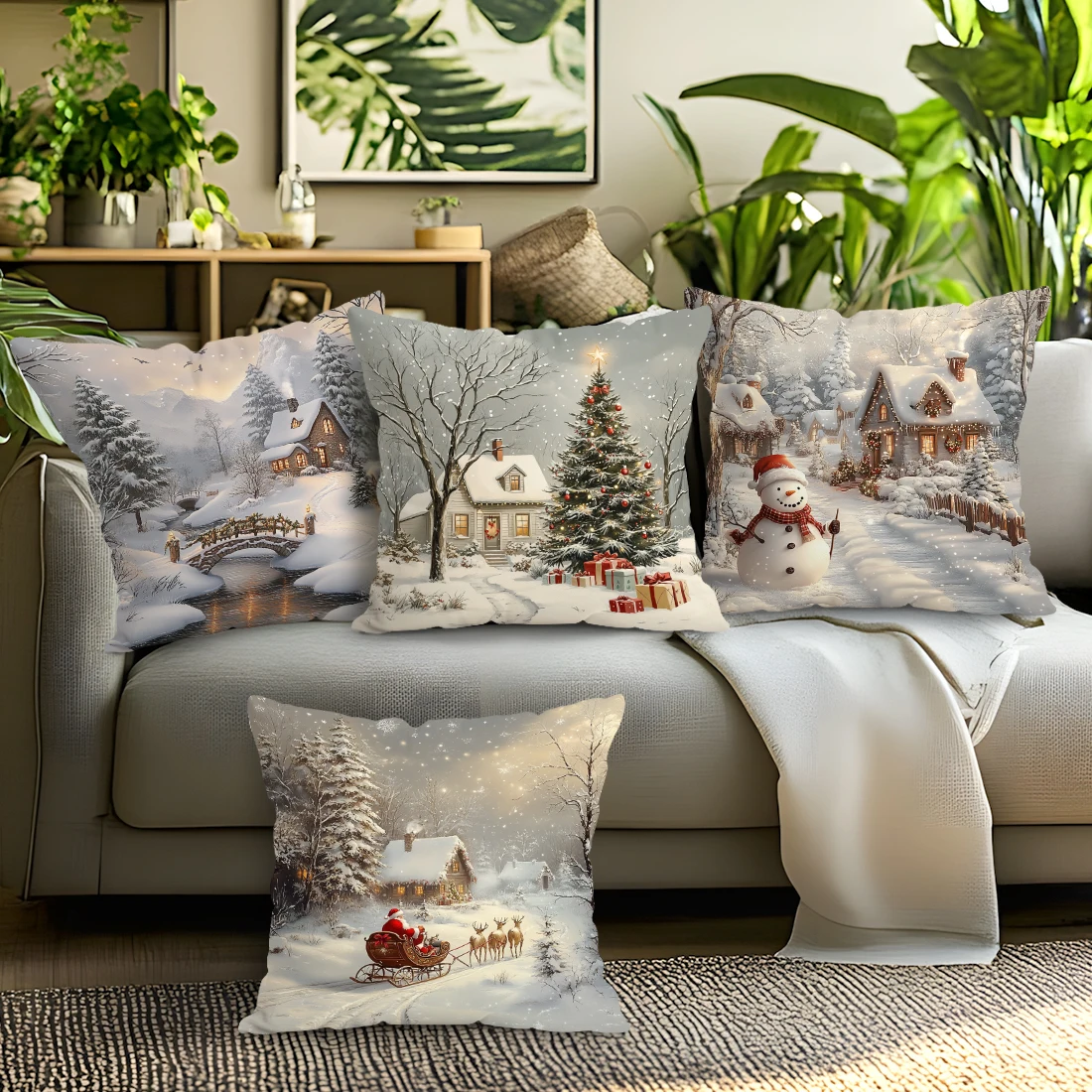 Christmas Winter Village Decorative Pillow Cover 18X18 Inch Pillow Cover Throw Cushion Cover for Home Car Sofa 1pc