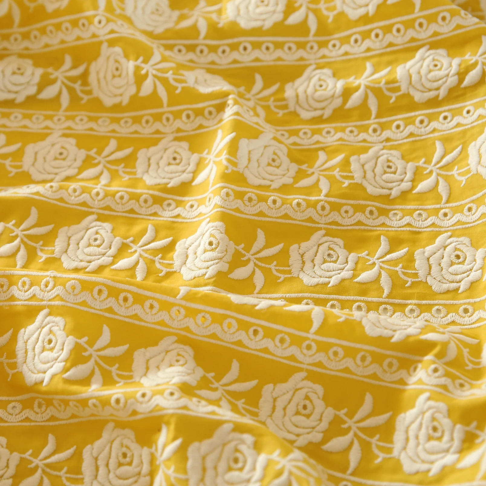 French Cotton Yellow Rose Heavy Embroidery Handmade DIY Clothing Fabric For Wedding Dress Clothing Designer Fabric