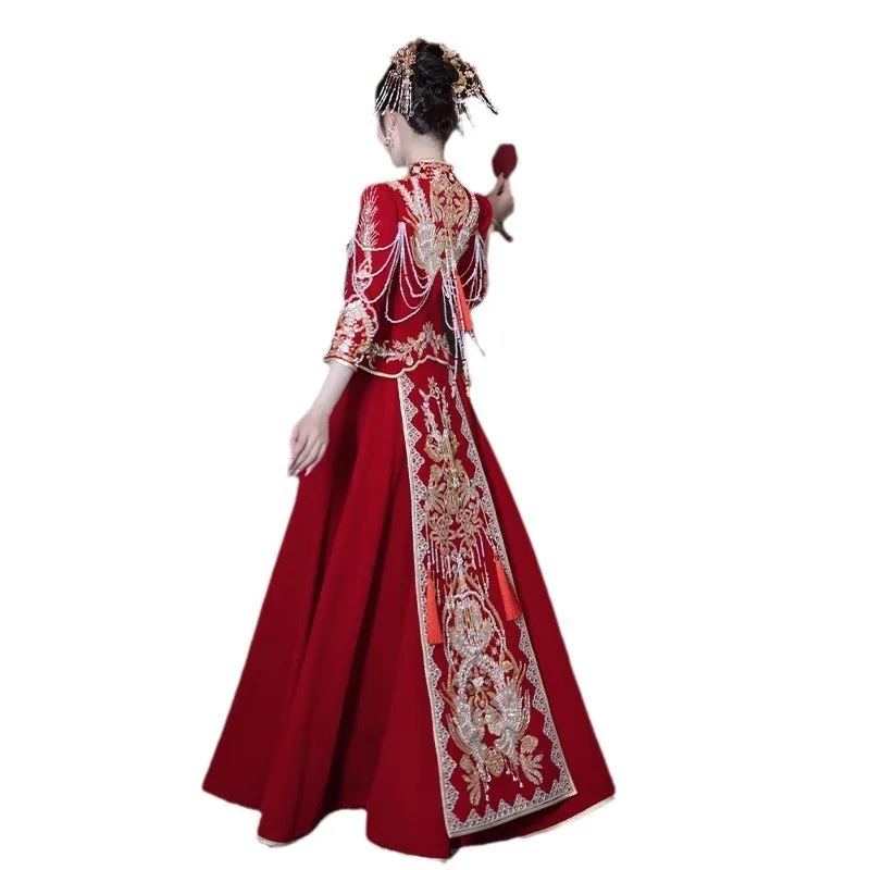 New velvet Chinese-style wedding dress dragon and phoenix gown toasting heavy industry