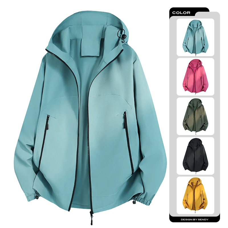 Unisex Hooded Waterproof Windbreaker Jacket Zip‑Up Adjustable Drawstring Multi Zipper Pockets Loose Fit Outdoor Hiking Camping C