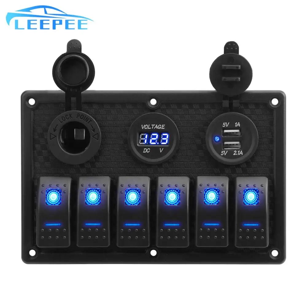 For Marine Boat Car Rv Vehicles Truck Yacht Digital Voltage Display 4.2A Dual USB Slot Socket 6 Gang Rocker Switch Panel