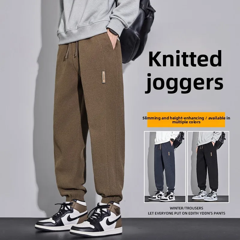 

Мужские трикотажные брюки на флисовой подкладке для осени и зимы, свободные повседневные брюки с эластичным поясом, деловые, из полиэфирного волокна