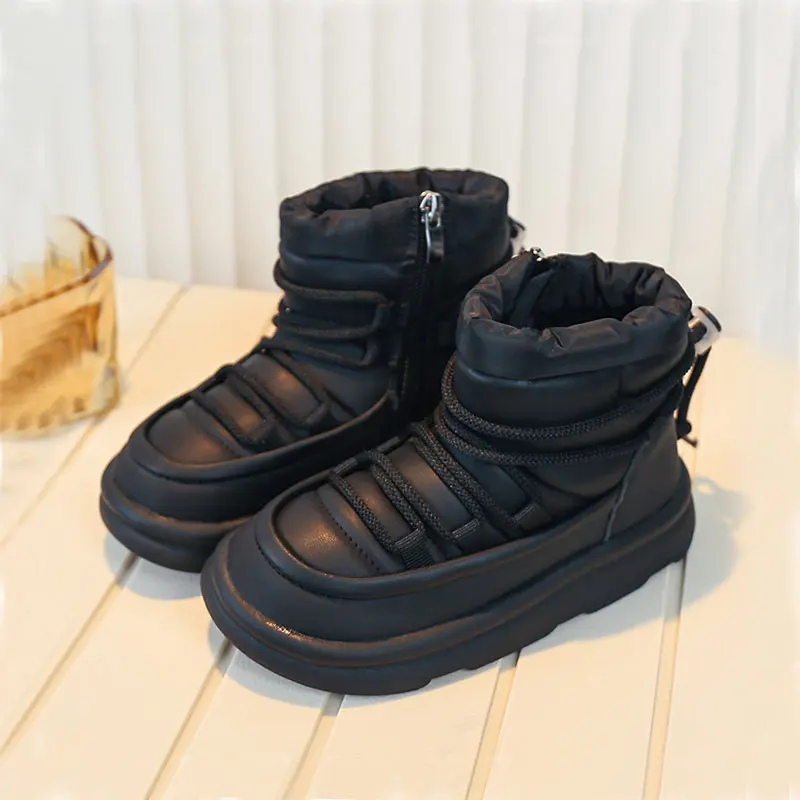 Kids Ankle Boots 2024 Winter Boy Girls' Zip Shoes for Children Girls Warm Lace UP Casual Shoe Fashion Booties 26-36 Black Khaki