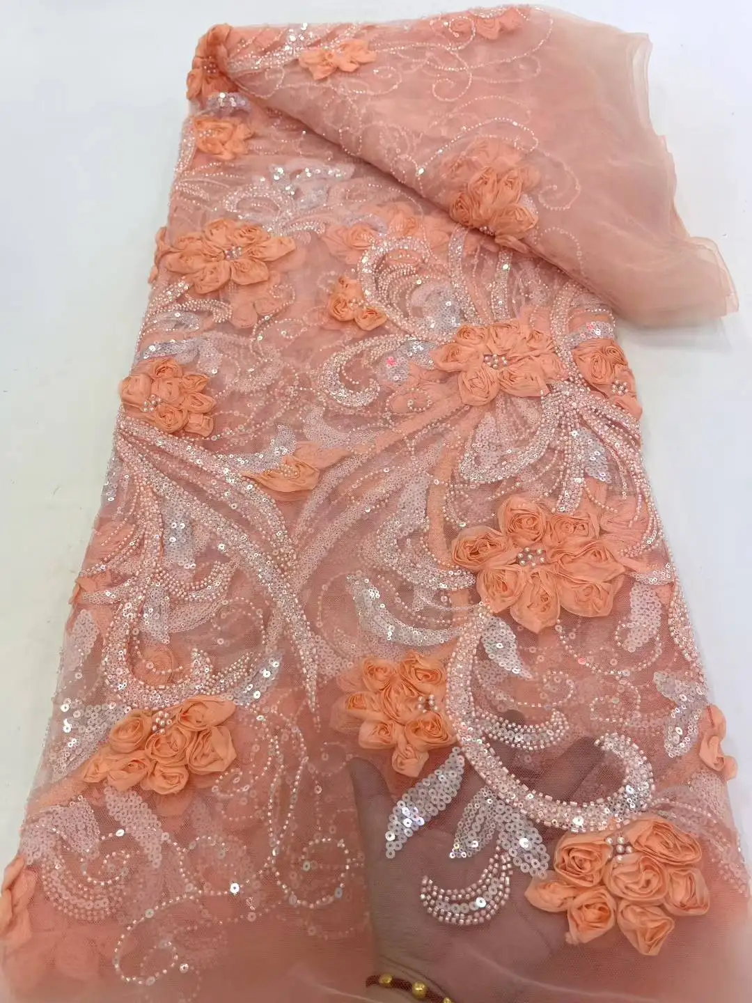 

African Groom Luxury Beaded Tulle Lace Fabric 2025 Nigerian Handmade Sequins Pearls Lace Fabric Fro Bridal Wedding Dresses