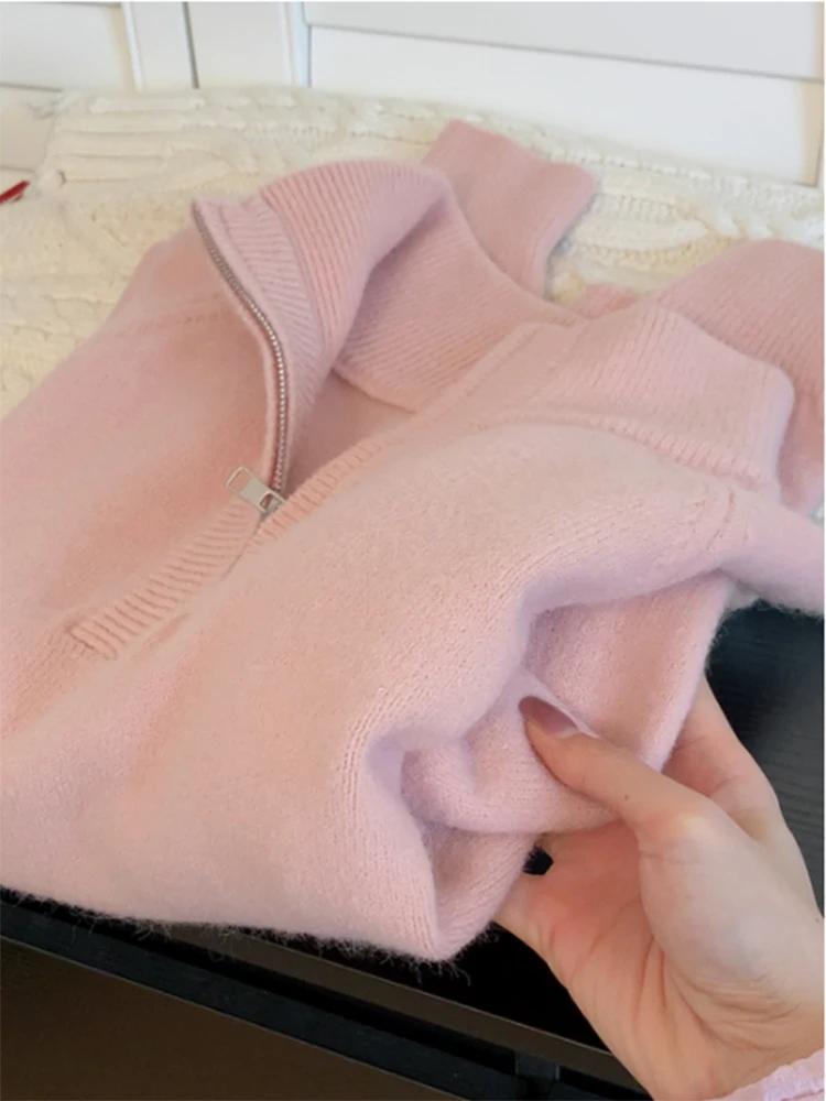 

Fashion Sweet Half Zipper Sweaters Women Solid Color Knitted Tops Pullover Loose Casual Versatile Long Sleeve Sweater