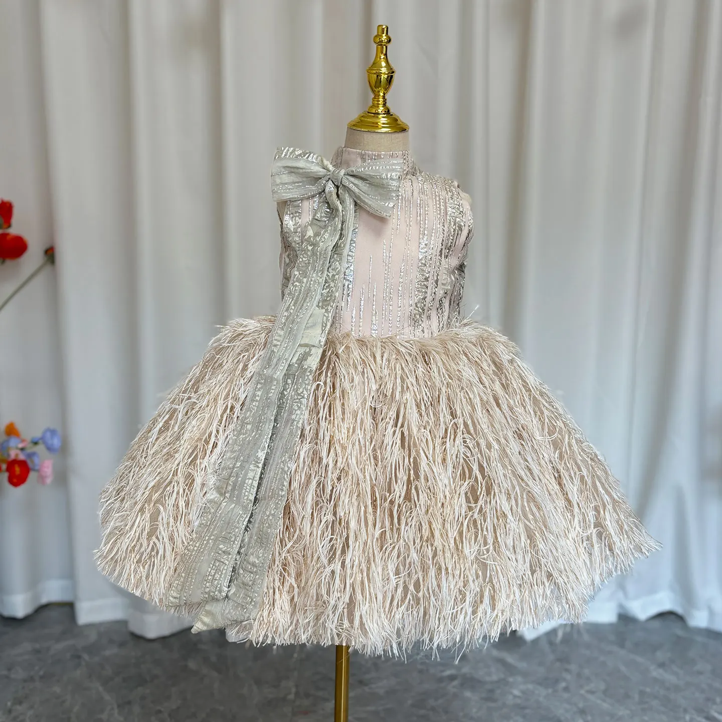 Jill Wish Luxury Champagne Girl Dress Feathers Dubai Kids Pink Wedding Birthday Communion Party Gowns vestido de Pageant J323