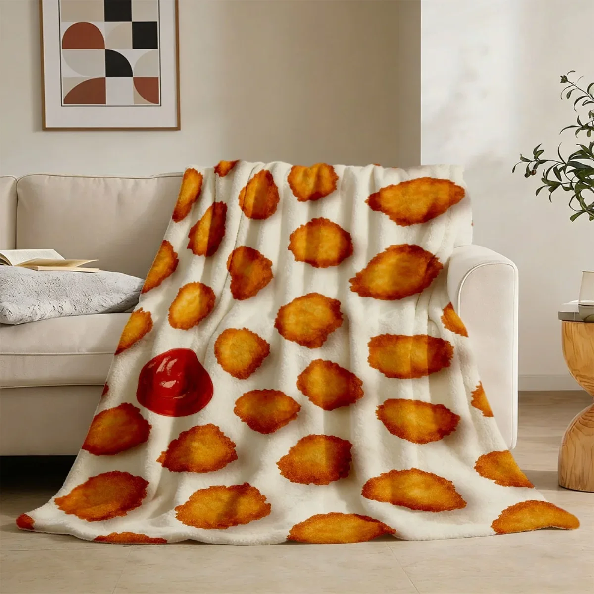 1pc Retro Chicken Nugget & Ketchup Print Flannel Throw Blanket - Soft Warm Bedspread Suitable for Couch, Bed, Travel | Machine W