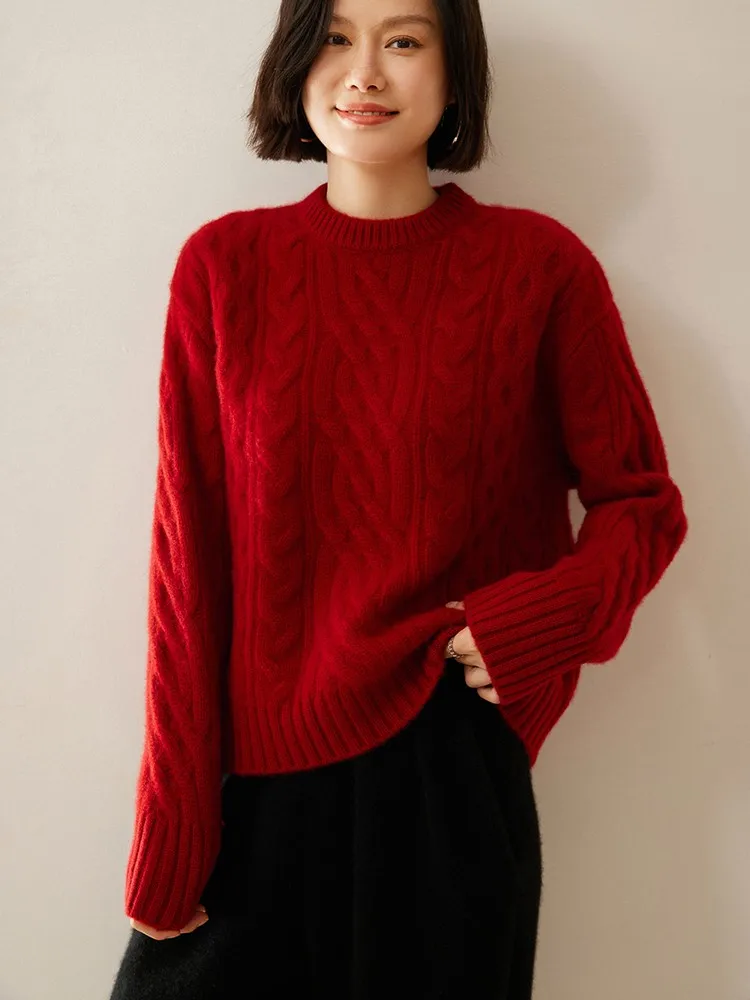 

Thick Sweater Women Cashmere O-neck Pullover Twist Flower Vintage Casual Autumn Winter Grace Solid Tops 100% Cashmere Knitwear