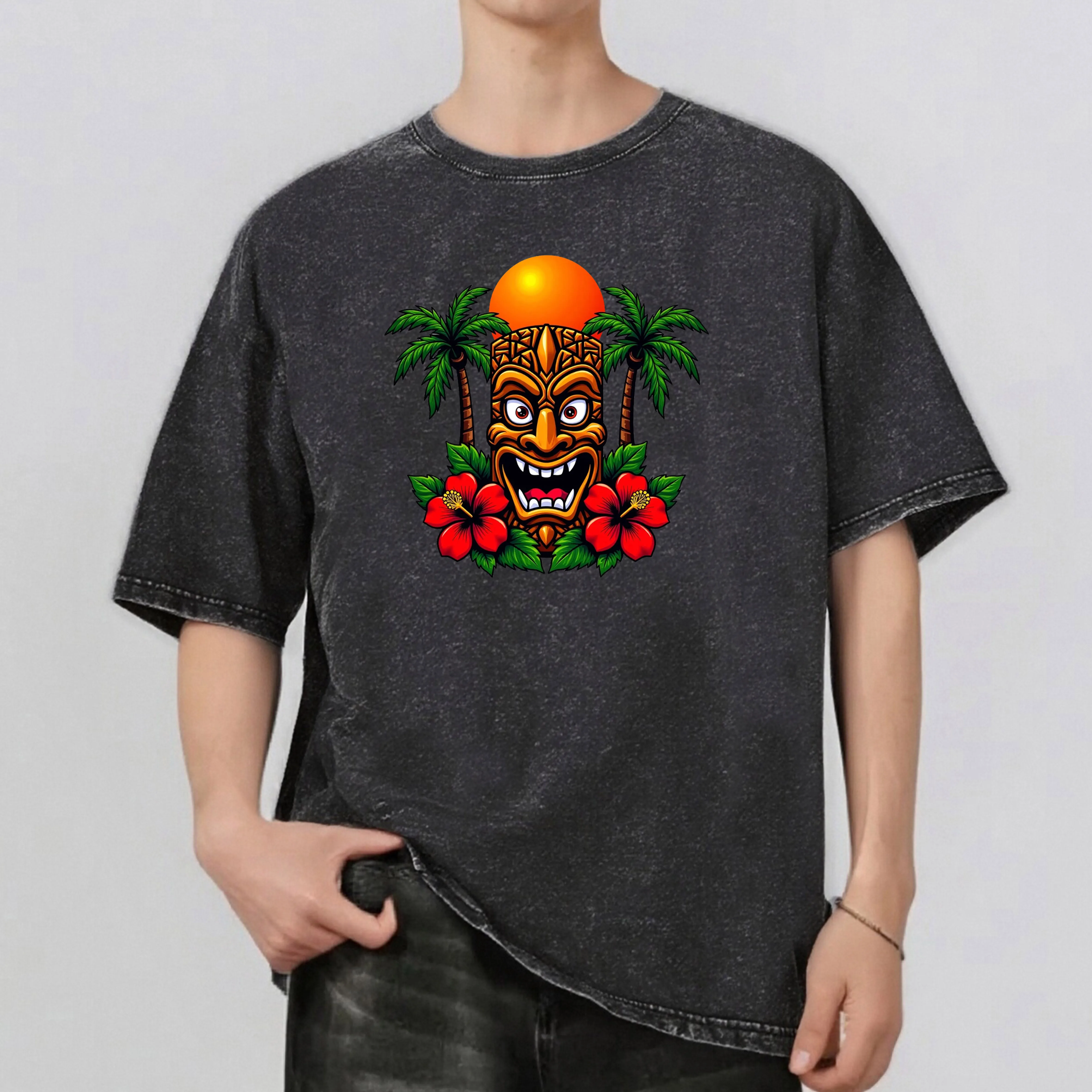 

Statue Pattern Rint Men's Summer Retro Style Washed Water T-Shirt Casual Short Sleeved Basic Men's Top 230G