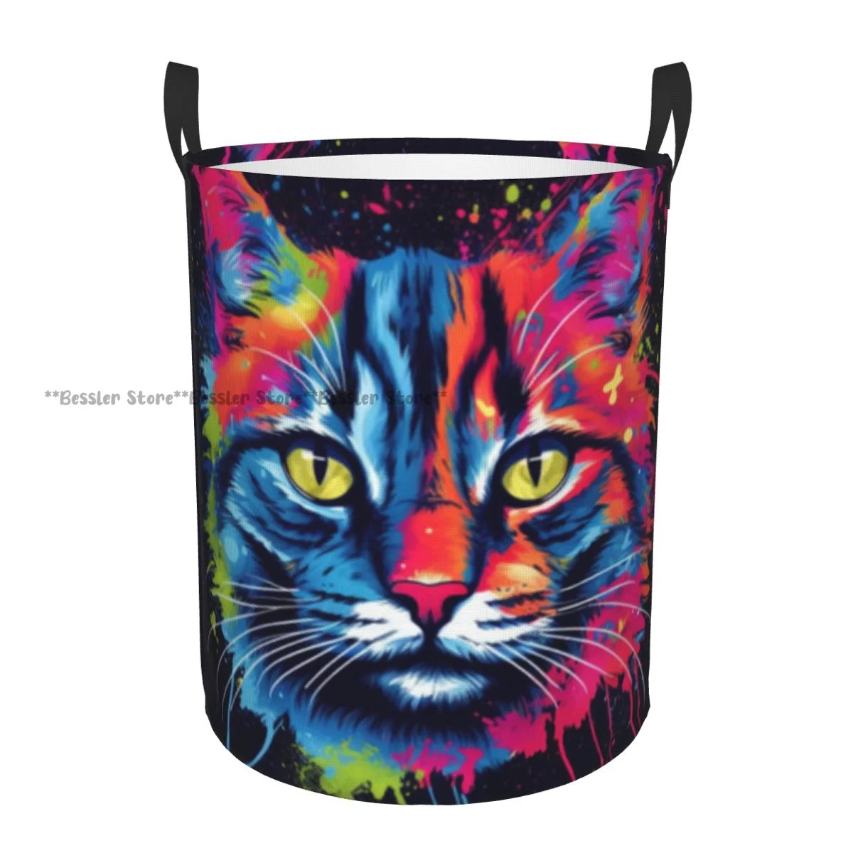 Colorful Cat Head Art Laundry Basket Folding Dirty Clothes Toys Storage Bucket Household