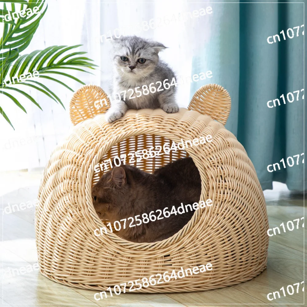 Kitty Interactive Solid Rattan Cat Bed Round Indoor Nest Cat Shaped Hideaway
