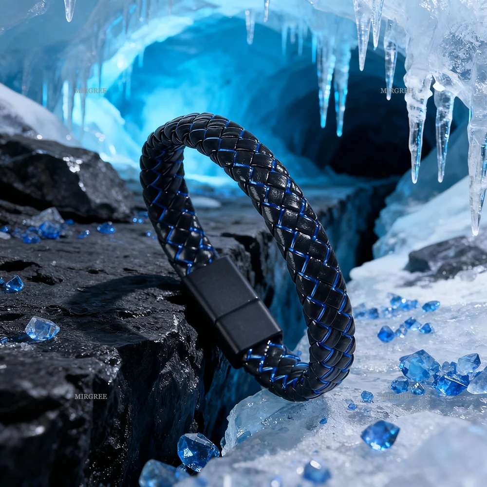 قطعة واحدة من سوار جلد البولي يوريثان المنسوج باللونين الأسود والأزرق للرجال، إكسسوار معصم كاجوال فريد، هدية ممتازة