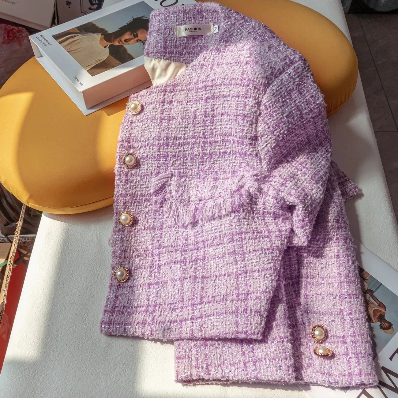 Cappotto corto viola da donna 2024 primavera autunno tweed giacca OL con tasca con bottoni perlato a fila singola