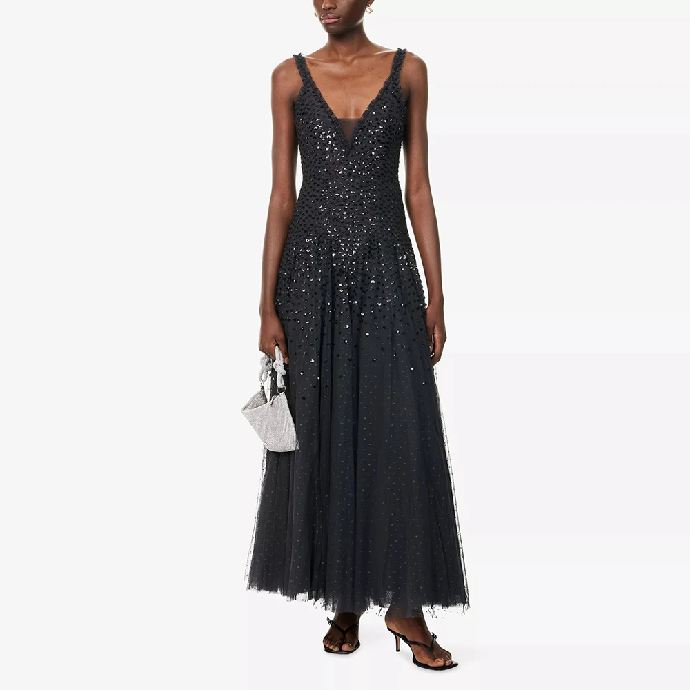 

Черное вечернее платье миди по индивидуальному заказу 2025, блестящее драпированное тюлевое вечернее платье без рукавов с блестками, вечернее платье трапециевидной формы до щиколотки, платье для выпускного вечера