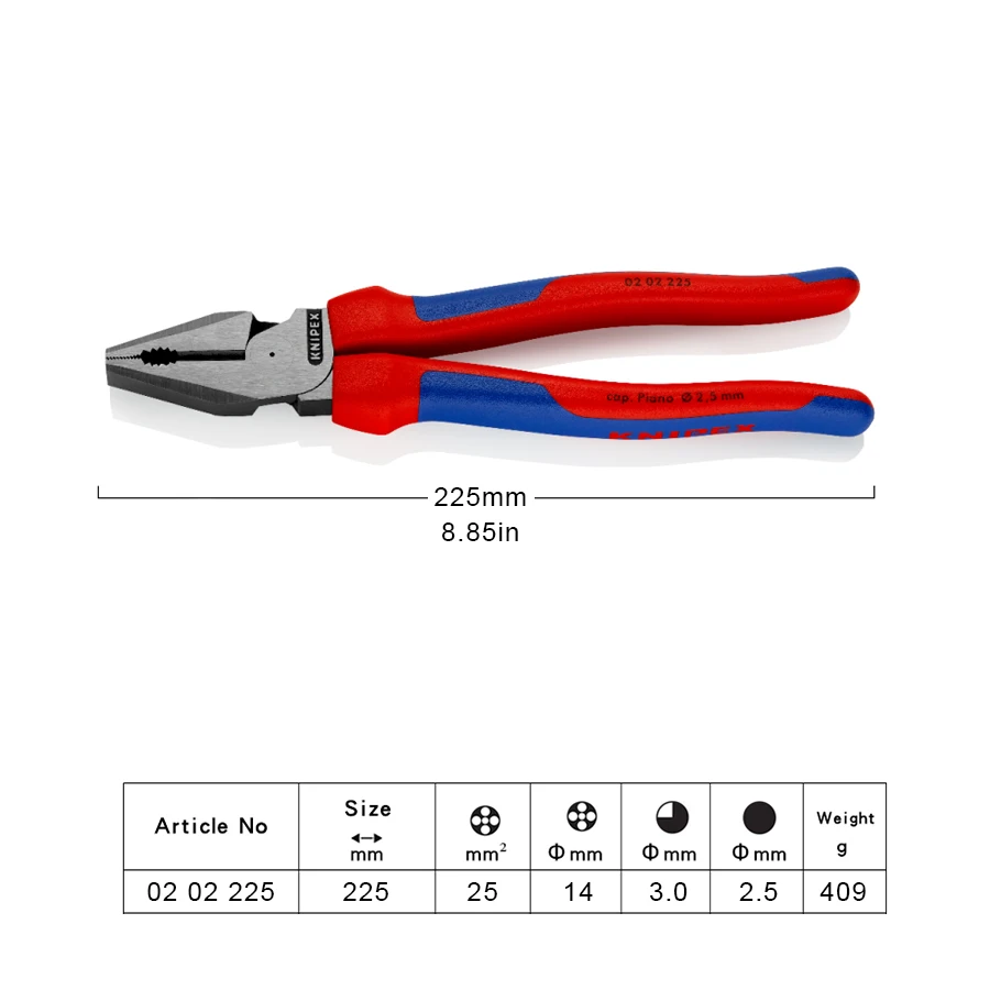 Knipex High Leverage Combination Pliers Plastic Coated High-grade Special Tool Steel-Forged Oil-hardened Easier Cutting 0202225