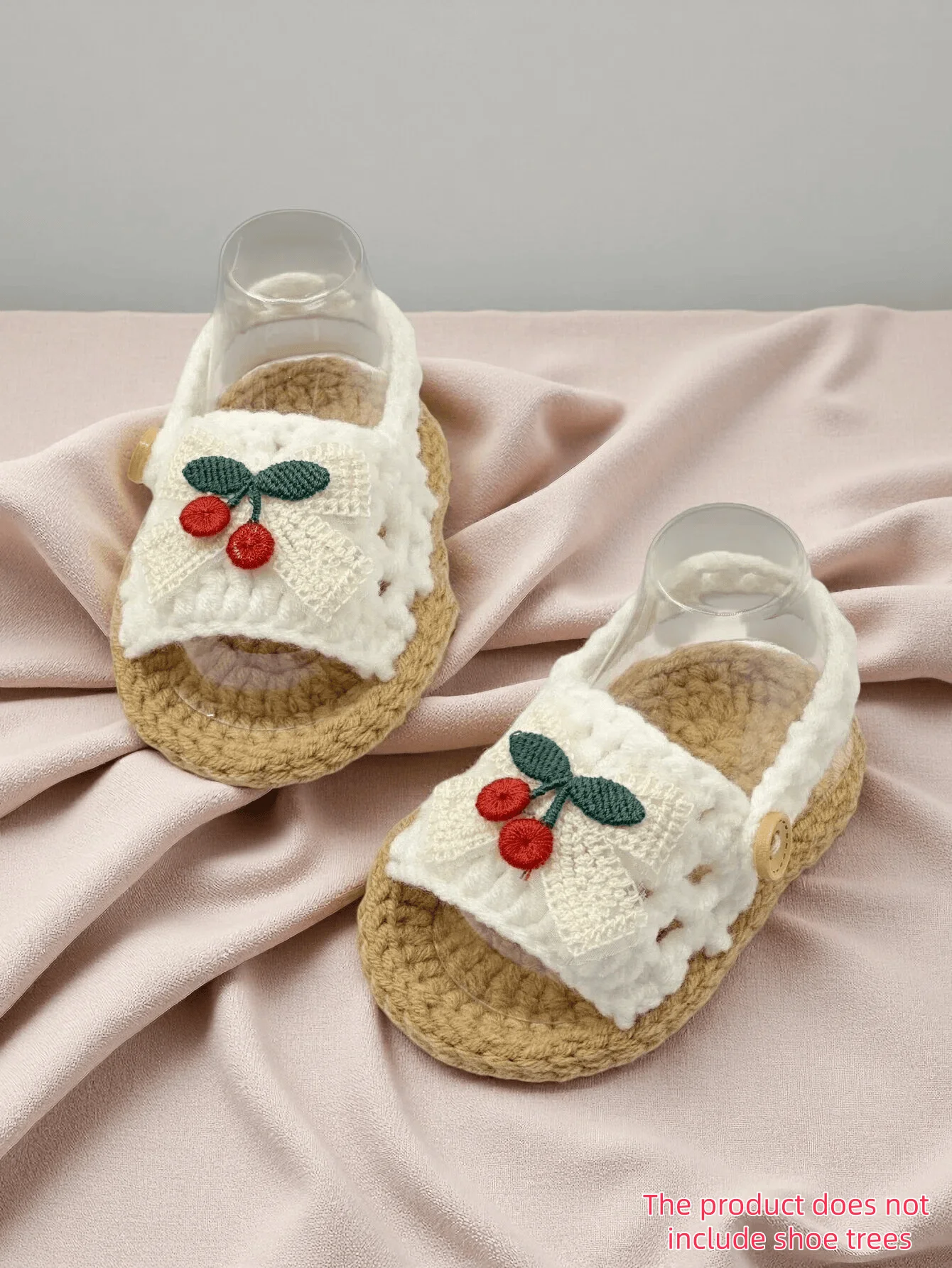 1 Pair Crochet Baby Girl Sandal Booties, Pink, Knit Infant Shoes with Cherry Bow Embroidery