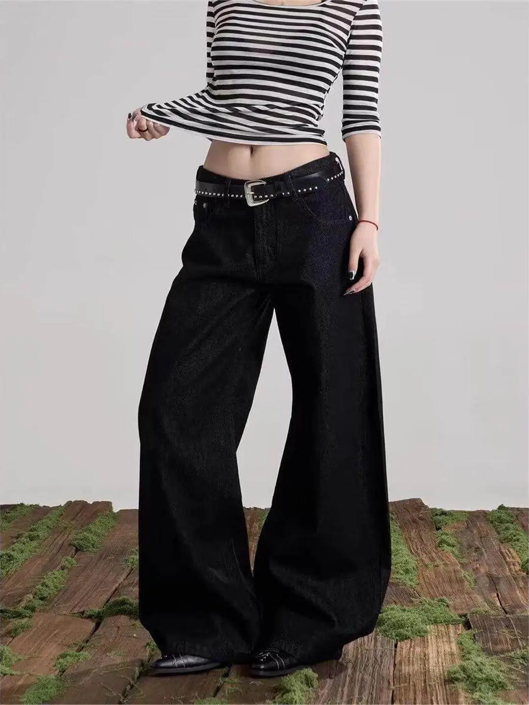Retro American Heavy Duty Cross Rivet Embroidery Knife Jeans Loose Slim Wide Leg Long Pants Casual Straight Tube Jeans
