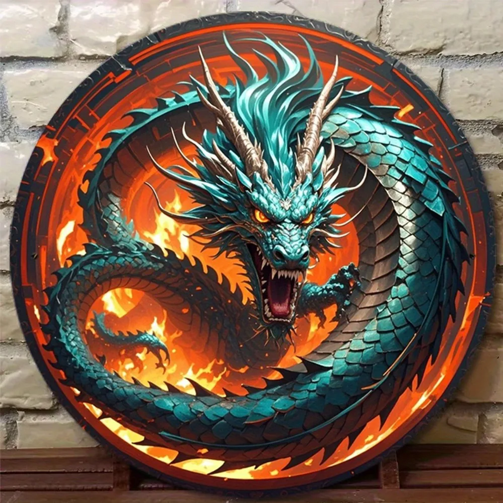 2D Metal Sign, Blue Dragon on Flame Background Retro Aluminum Wall Decor for Home Cafe Garage Party, 8x8 Inch 20x20 cm