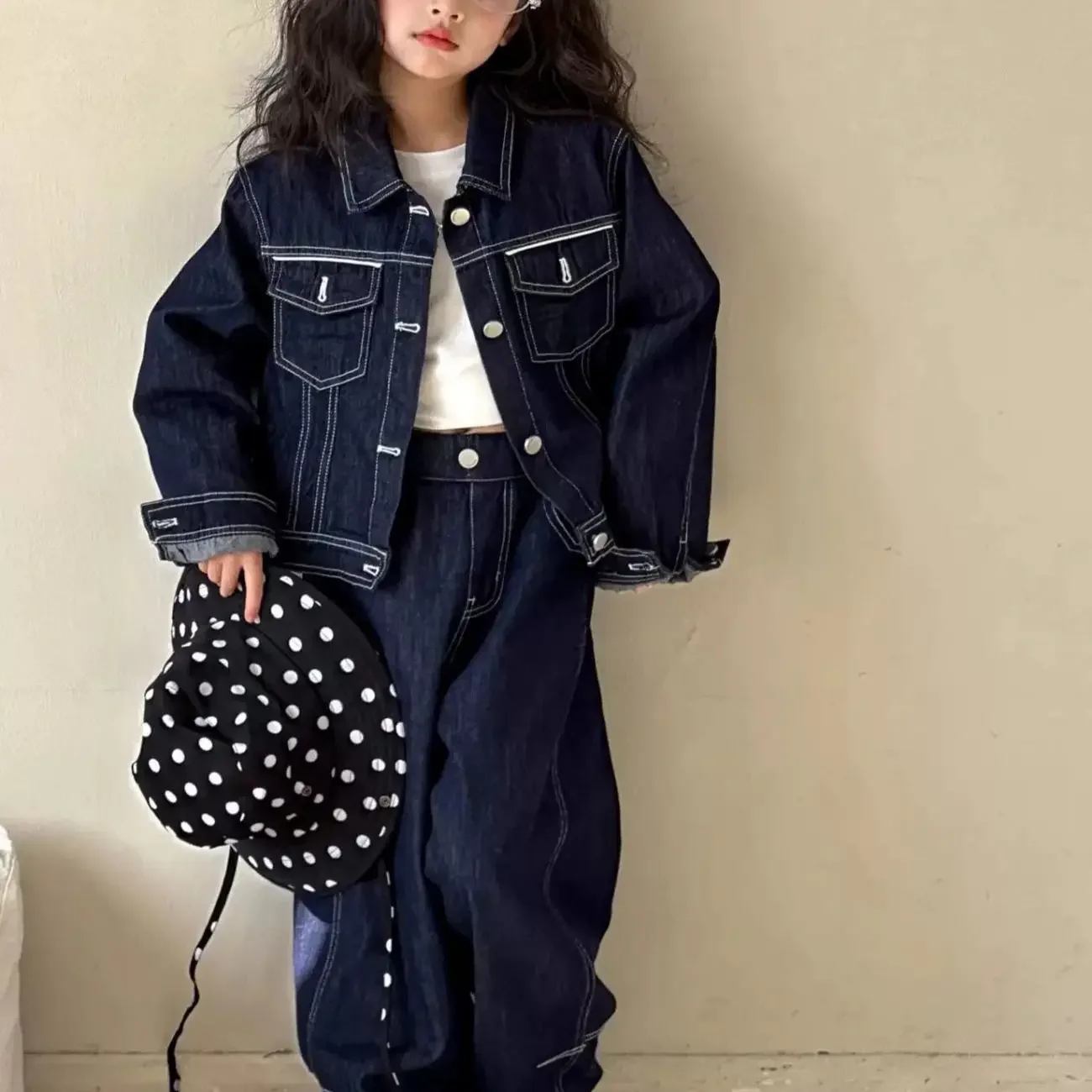 

Girls' Cowboy Set Spring and Autumn 2026 New Style Children's Casual Loose Coat+Wide Leg Pants Two-piece Set