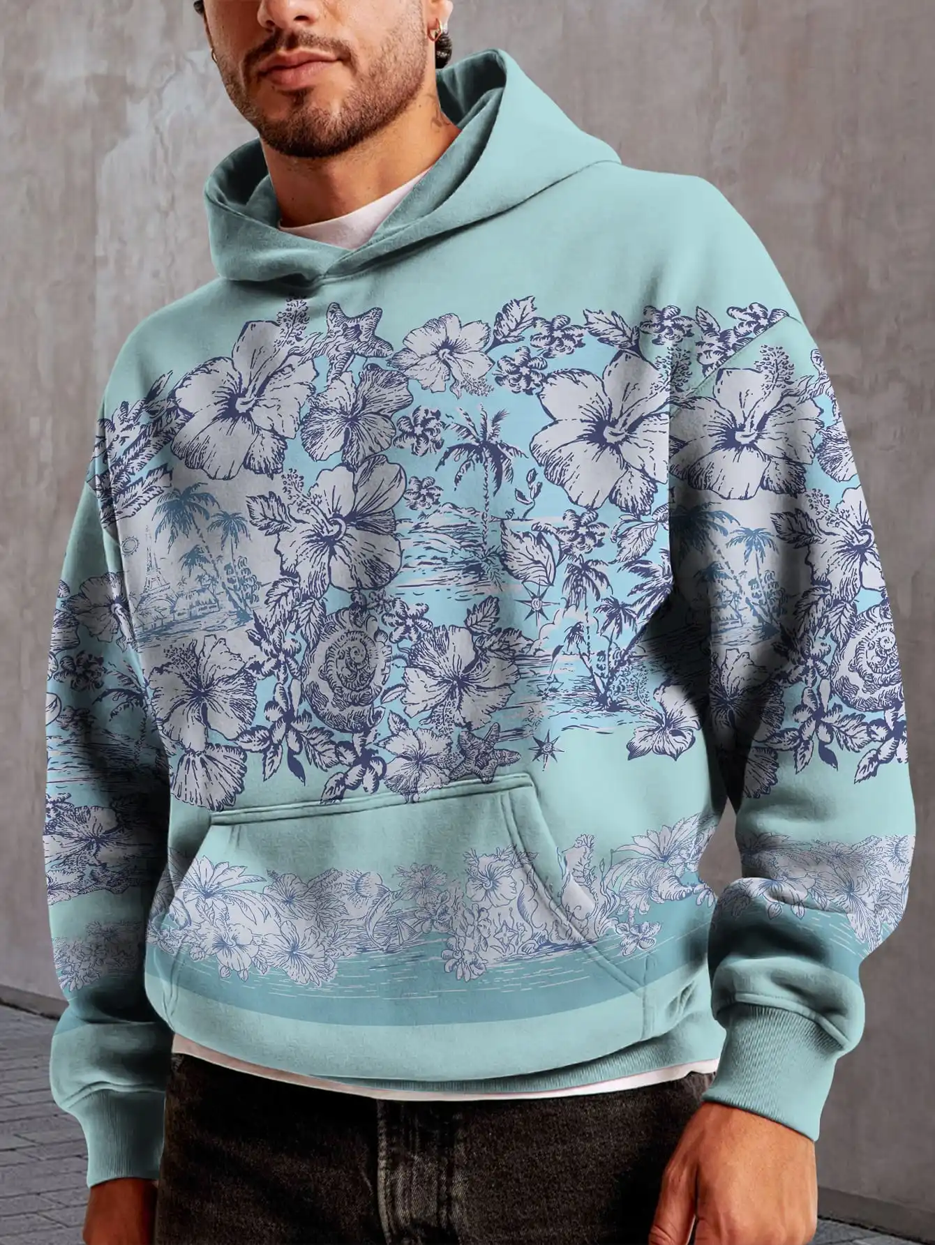 Beautiful Scenery Style 3D Printed Tie-Dye Hoodie Sky Blue Floral Pattern Hooded Sweatshirt Casual Street Style Pullover Hoodie