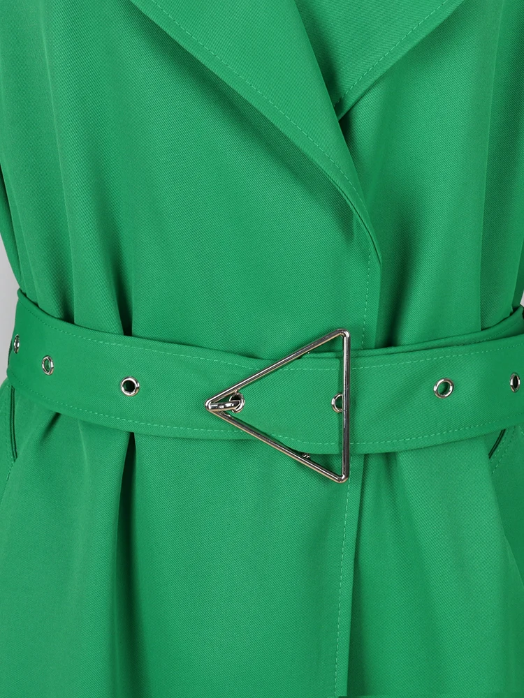 Nerazzurri Spring Autumn Chic Long Green Trench Coat for Women with Back Slit Belt Luxury Designer Clothes European Fashion 2024