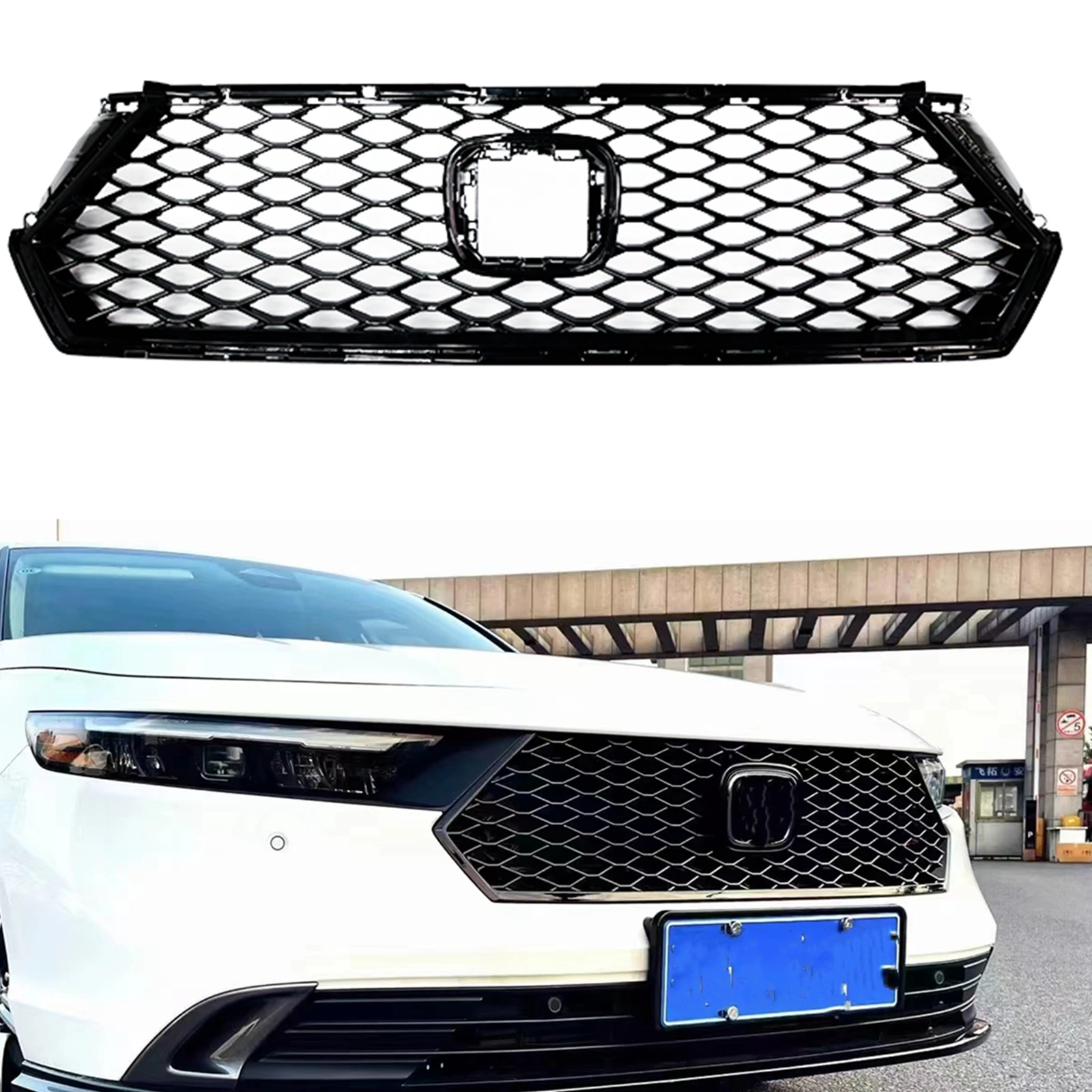 

For Honda Accord 2023-2024 Front Grille Racing Grills Honeycomb Style Gloss Black Car Upper Bumper Hood Radiator Mesh Grid