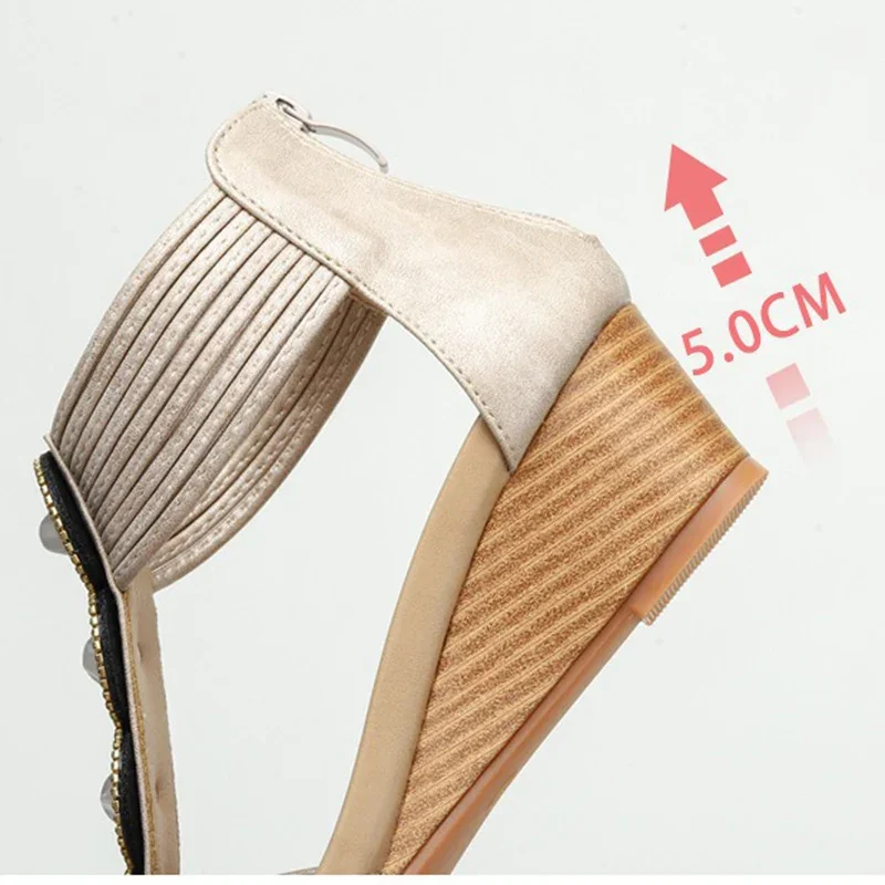 2024 Summer Women 1.5cm Platform 5cm Wedges High Heels Sandals Lady Luxury Soft High Heels Female Metal Chain Bohemian Sandals