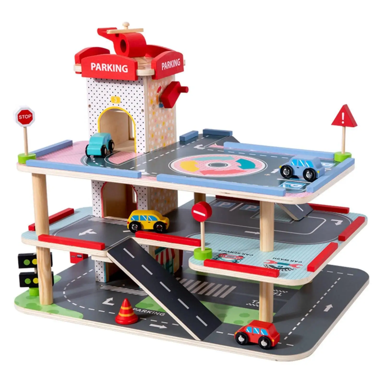 Wooden Car Parking Game for Children Multi Story Garage Vehicle Toy Model with Hand Crank Elevator for Kids Room