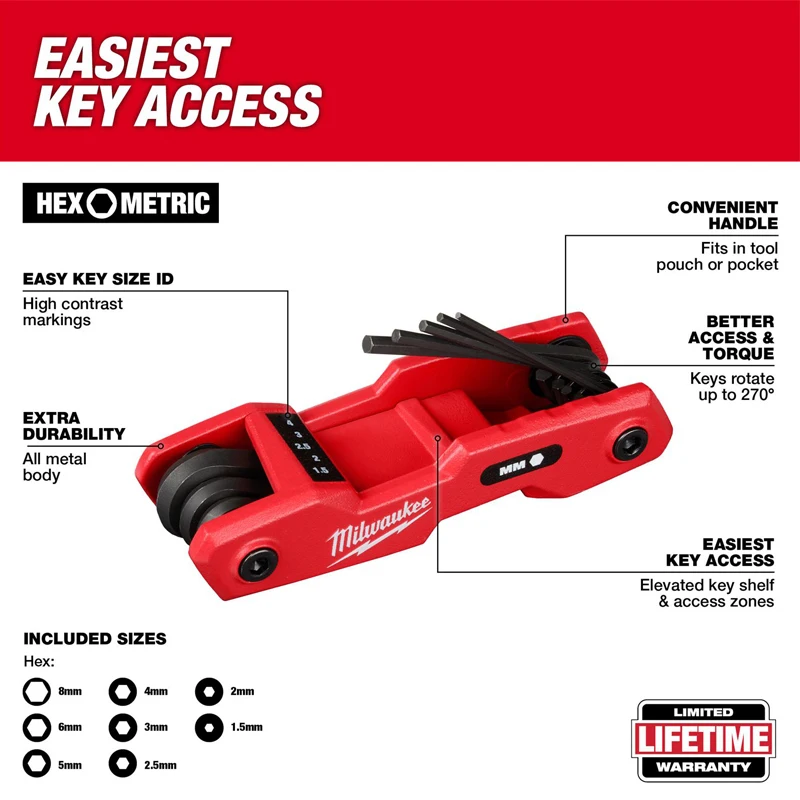 Milwaukee 48-22-2182 8-Key Folding Hex Key Set Metric Full Metal Body Durable 270° Rotatable Easy Operation Hanl Tool