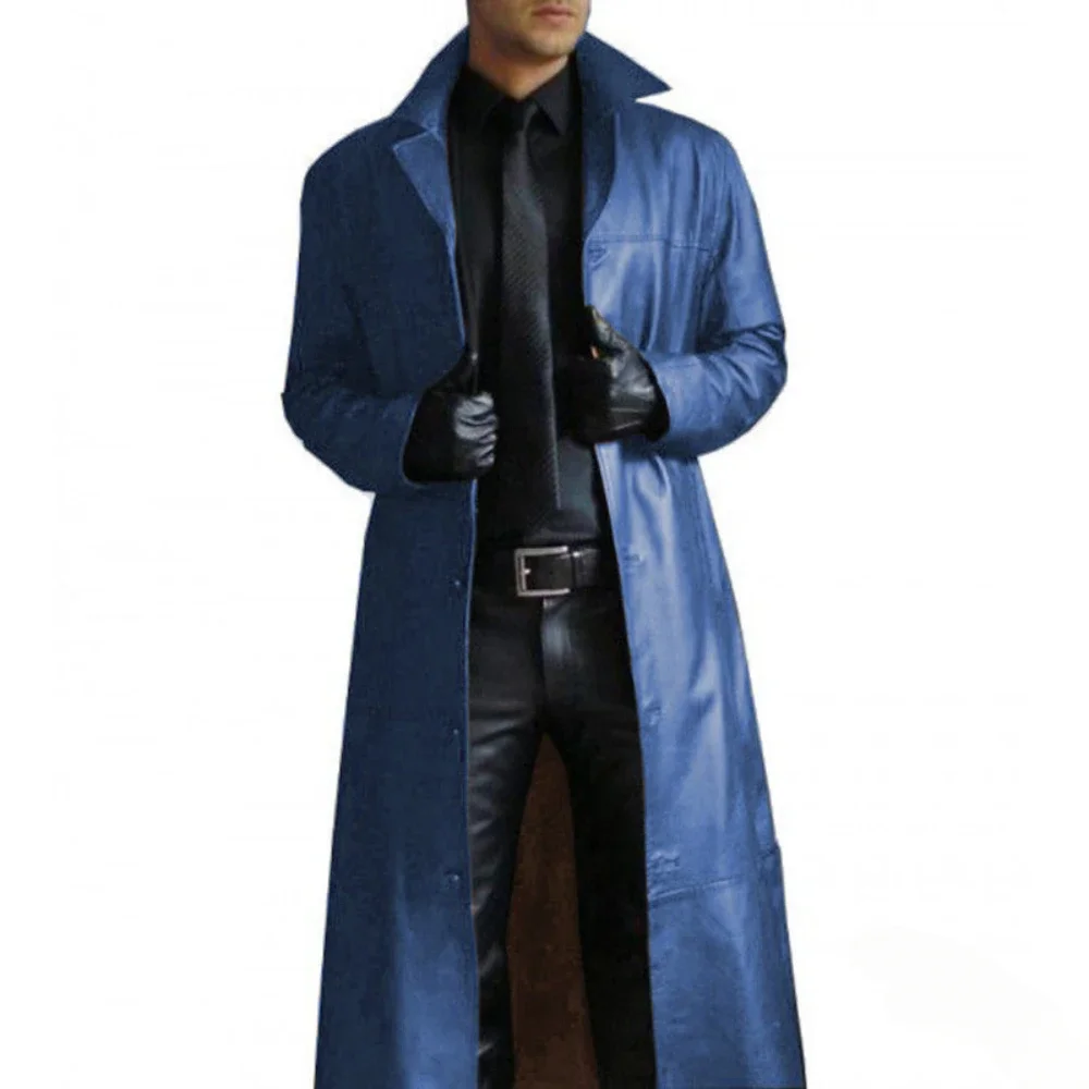 2026 New Men\'s Long Leather Jackets Goth Punk Button Trench Coat Solid Lapel Collar Long Pu Windbreaker Winter Leather Coats