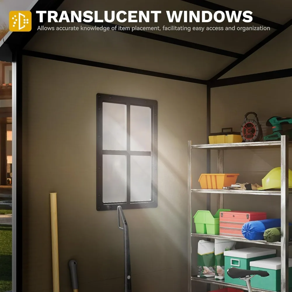 Resin Storage Shed 6x4.4 with Fence-Style Design, Side Windows, Lockable Door, and Vents for Outdoor Spaces