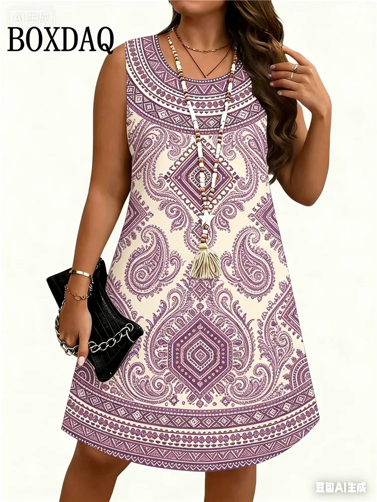 

Vintage Women Floral Print Summer Dress For Woman Ethnic Pattern O Neck Sundress Sleeveless Casual Plus Size Loose Tank Dresses