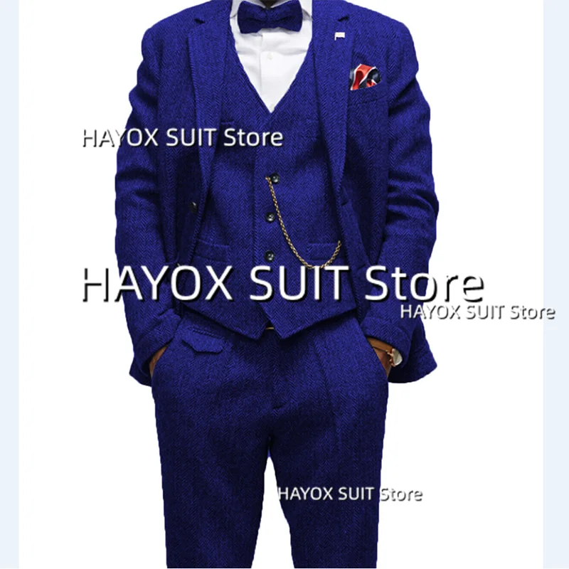 Men's Suits 3 Piece Single Breasted Herringbone Multi Pocket Waistcoat Jacket Wool Vintage Blazer Set Prom Groomsmen Tuxedo