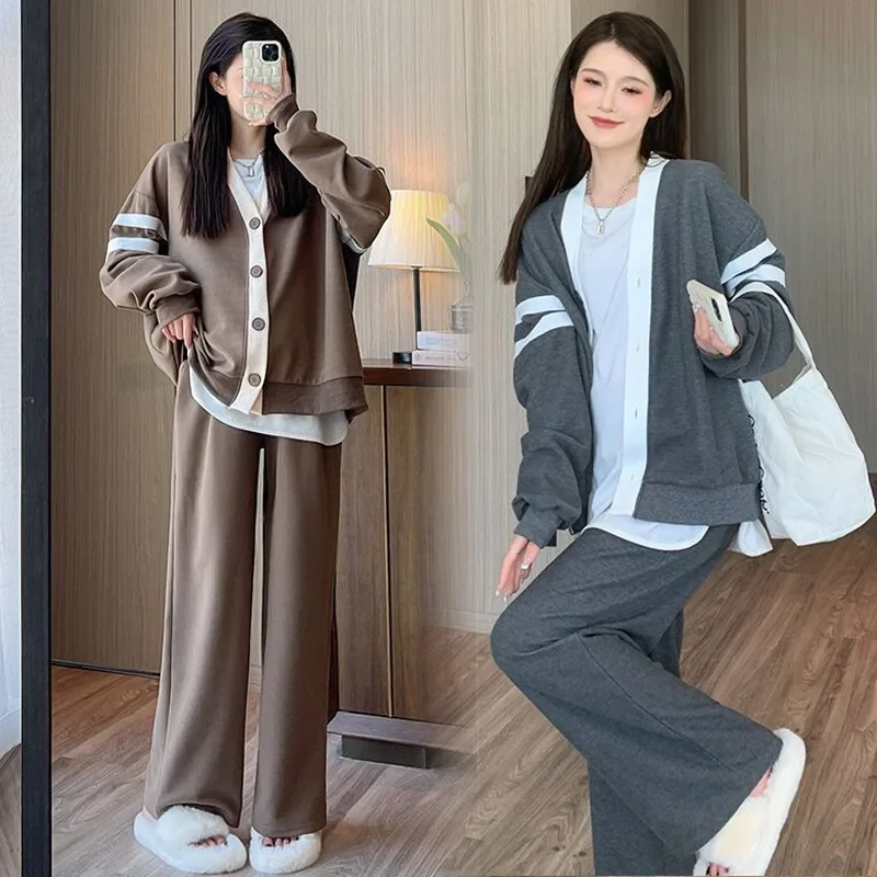 2PCS Pregnancy Outfits Maternity Cardigan Hoodies Pants Set Spring Sports Casual Zipper Sweatshirt Clothes for Pregnant Women