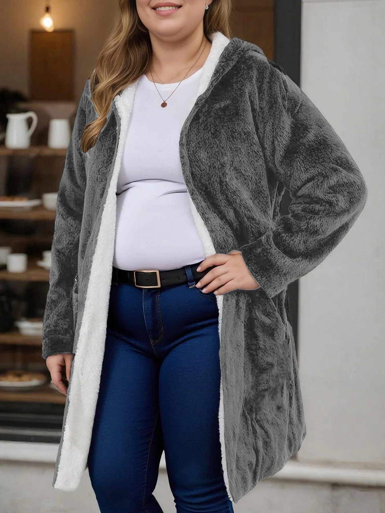 Uniform Solid Curvy Women Plus Size Full Sleeve Hooded Warm Plush Coat, Casual Open Front Mid-Length Sherpa Lined Outerwear Various Colors For Daily Wear Night Out