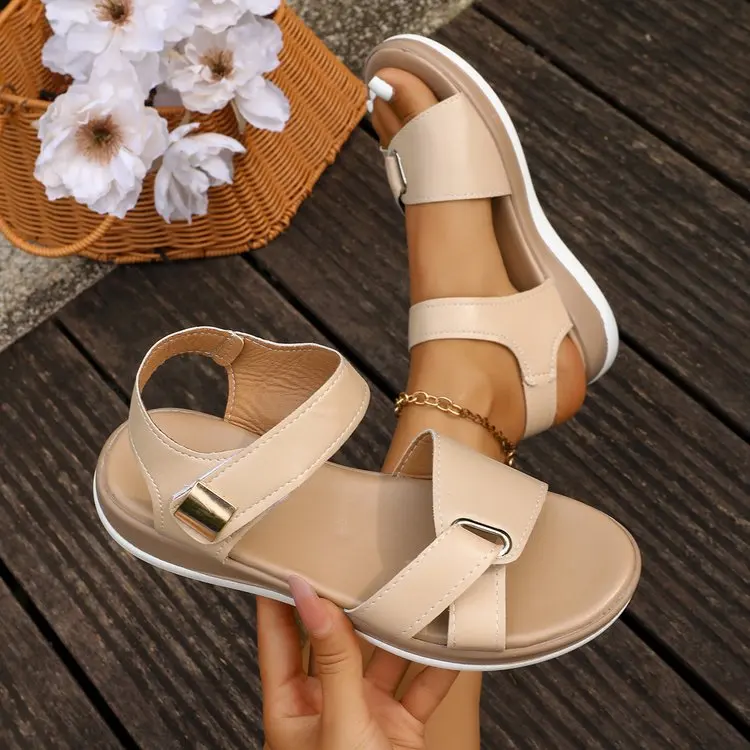 2026 Damen Sommer Flache Sandalen Mode Metallschnallen-Riemensandalen Runde Zehen Offene Zehen Lässige Bequeme Strand-Römersandalen für Frauen – Detail 16