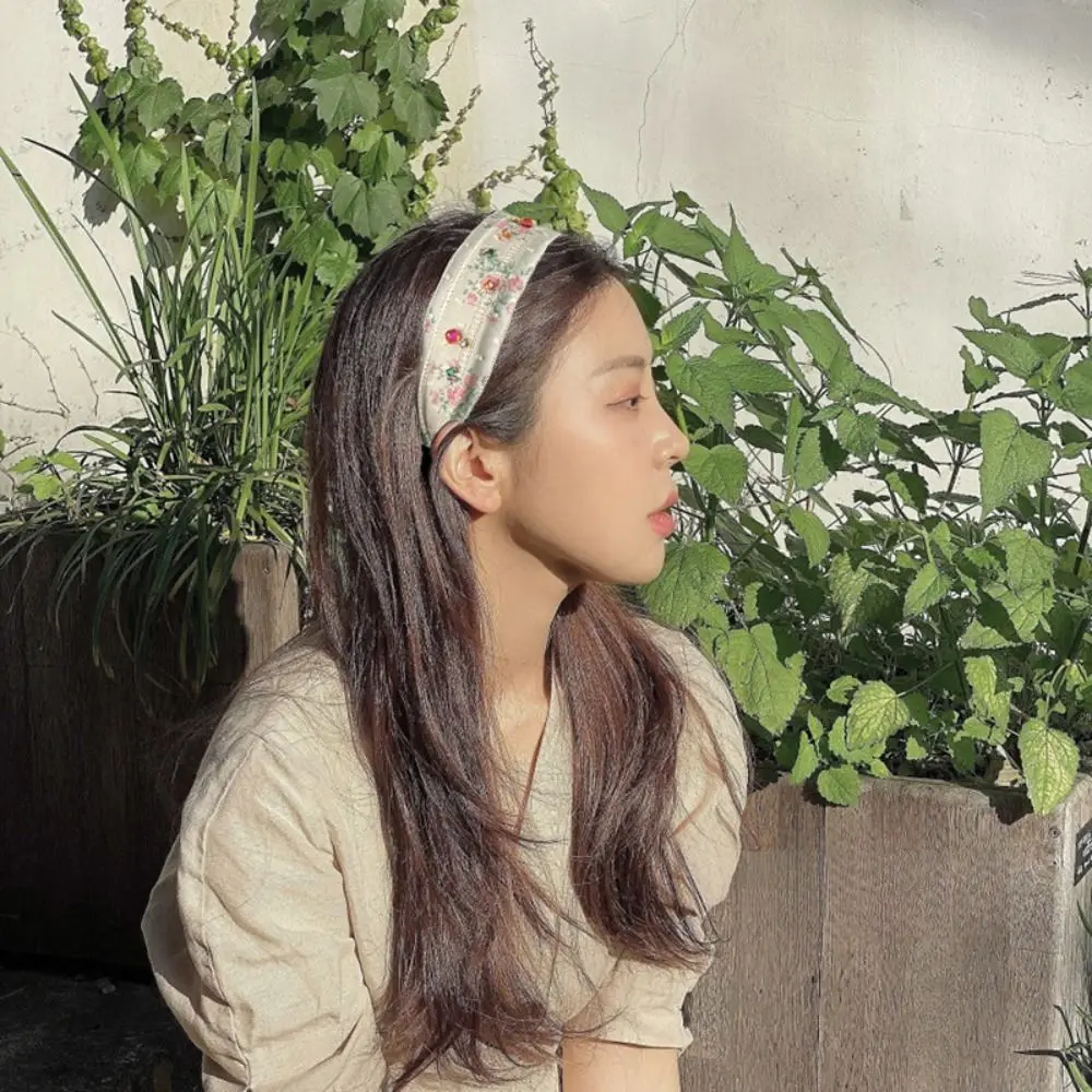 

Cute Korean Style Embroidery Lace Headband Wide Edges Floral Bow Hair Rope Flower Fairy Rhinestone Hair Band Women