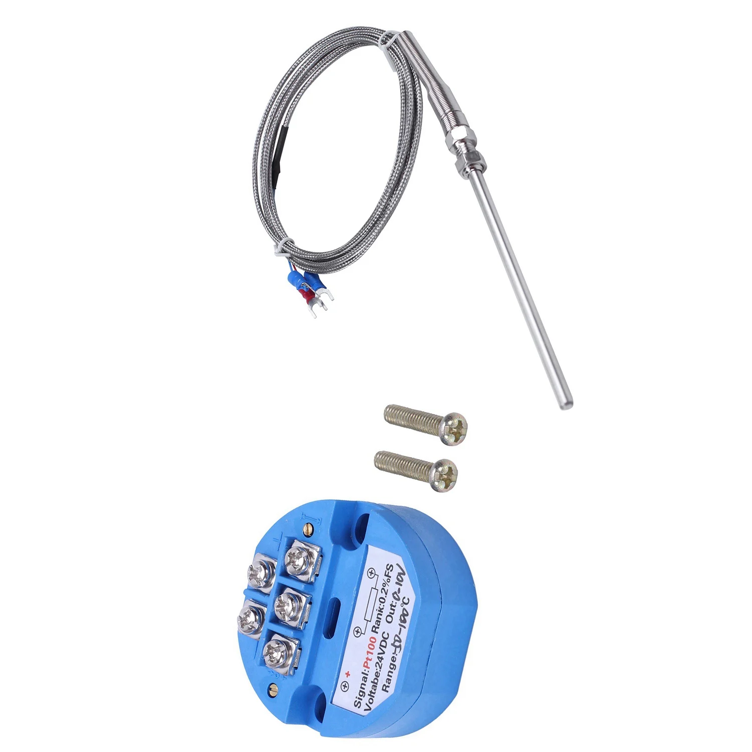 ABUP-1Pcs RTD PT100 Temperature Transmitter DC24V Minus 50 - 100 Degree Output 0-10V & 1Pcs Steel Temperature Probe Pt100 RTD Se