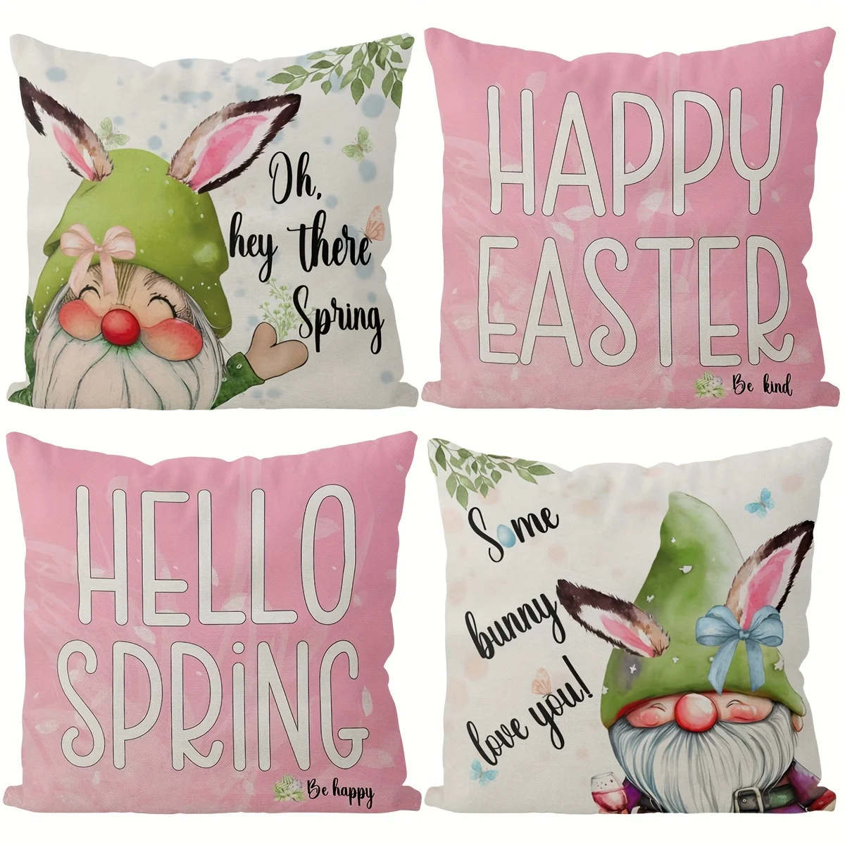 4pcs Easter Pillow Covers Happy Easter Hello Spring Gnome Flower Throw Pillow Cover Party Favor Farmhouse Decor 18X18 Inch