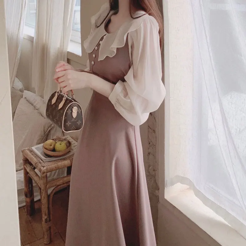 Ele Autumn Long Dr with Pearl Buttons Color Blo Micro Transparent Bubble Sve High Waist A-Line Skirt Korean Sle