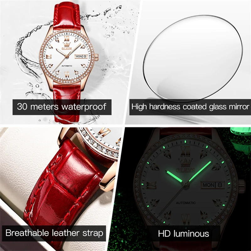 OLEVS Brand New Luxury Diamond Mechanical Watch for Women Leather Strap Waterproof Week Date Fashion Women Watches Montre Femme